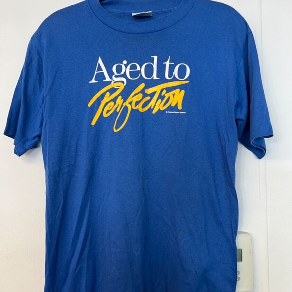 AGED TO PERFECTION Vintage T Shirt Hanes Beefy M Made USA Blue Peacock Papers - Picture 4 of 8